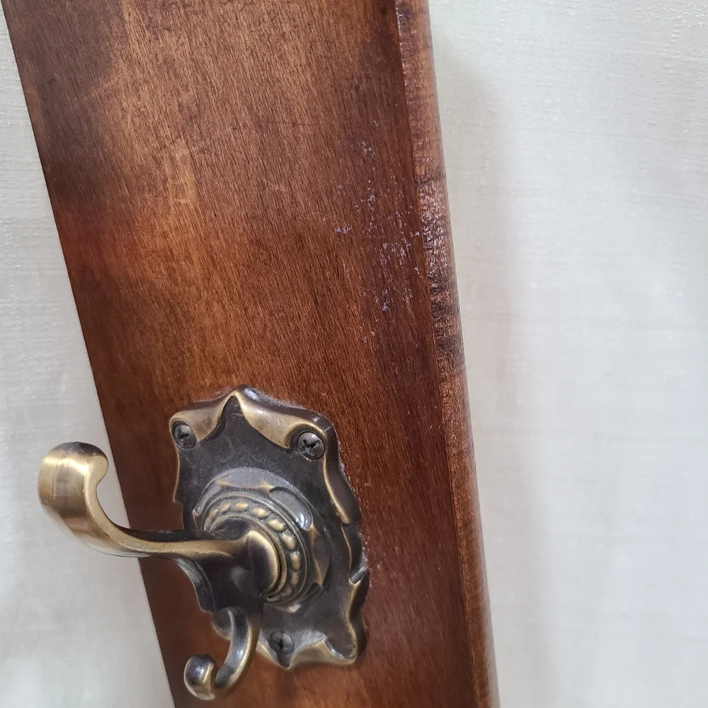 Wood Wall Hook Rack with Brass Double Hooks - Brown